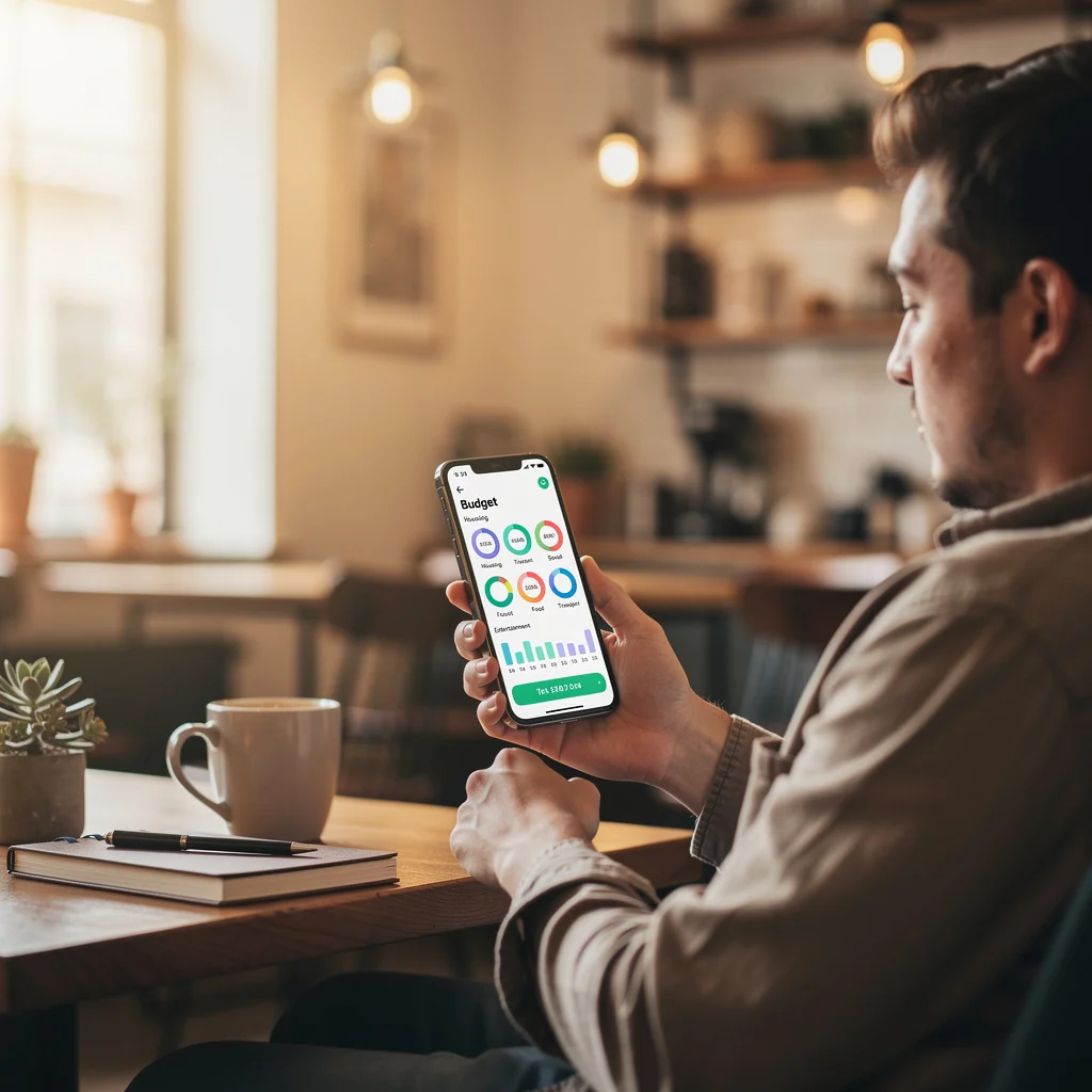 Person reviewing budgeting app dashboard on smartphone showing spending categories and monthly budget progress