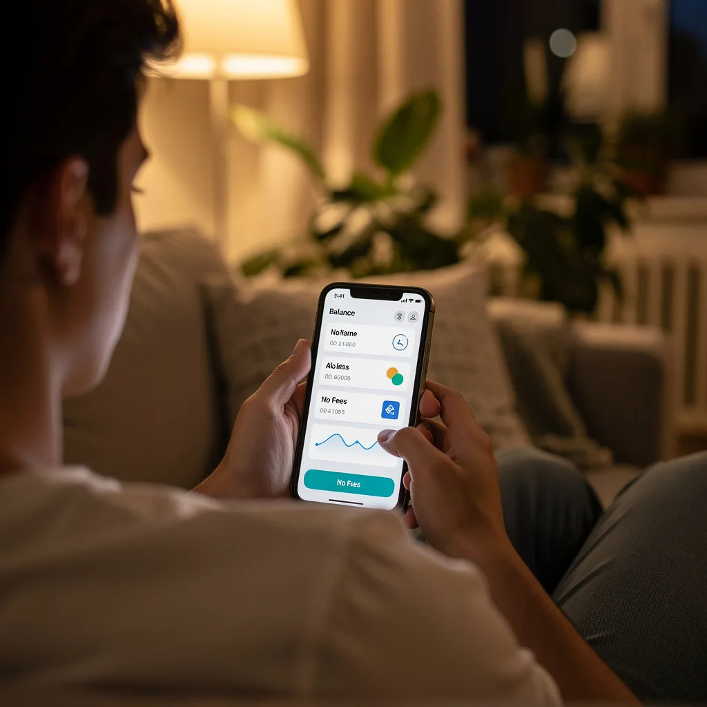 Person comparing free checking account options on smartphone with no-fee banking app open on screen