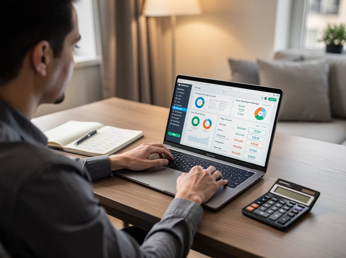 Person reviewing savings account options on laptop with calculator and notepad showing interest rate comparisons