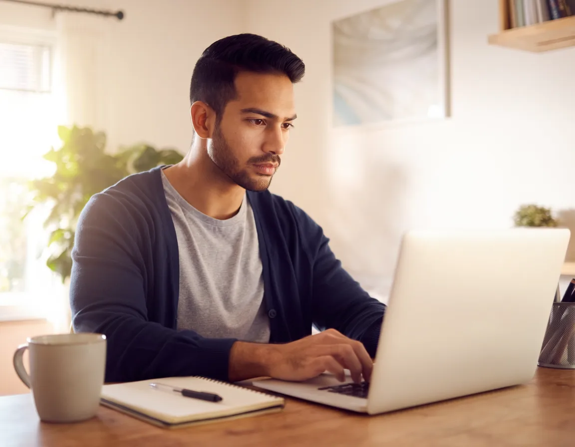 Person working on laptop at home desk, managing a side hustle alongside their main job