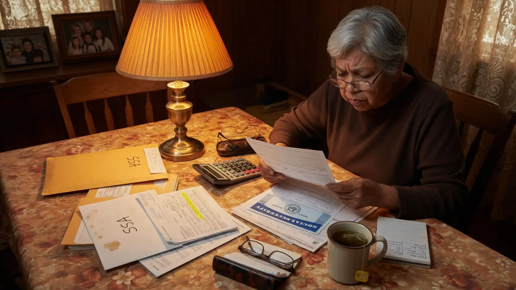 An older adult reviewing financial documents and a Social Security statement at a table