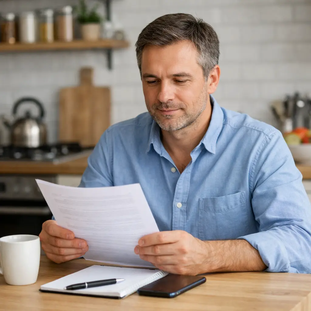 A person calmly reading a court document at a kitchen table, representing a debt collection notice