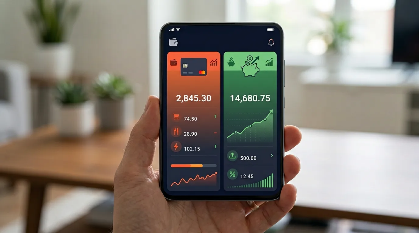 Two bank accounts side by side on phone screen showing a checking account for spending and a savings account growing with interest