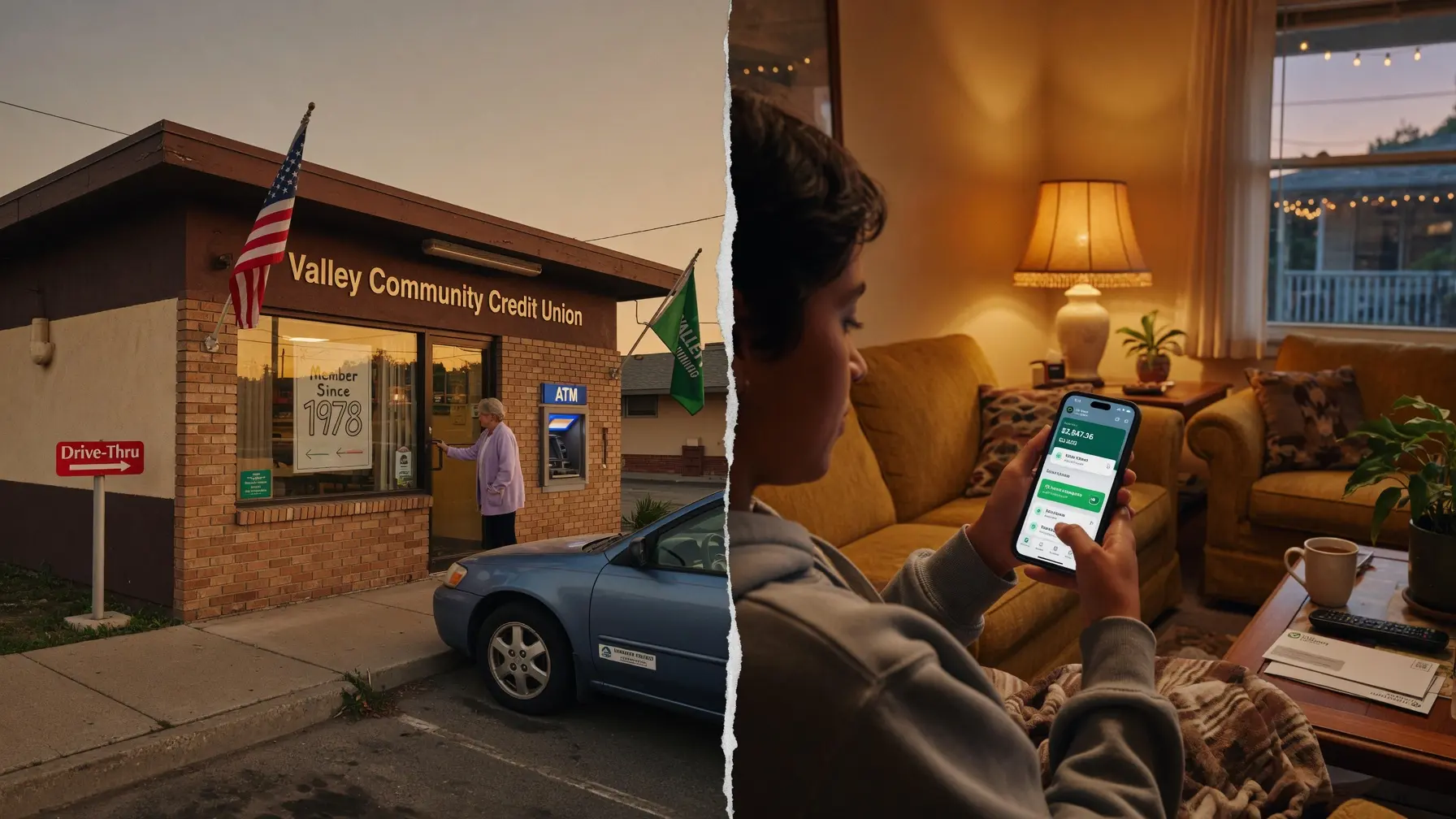 A split scene showing a local credit union branch and a person banking on a phone app