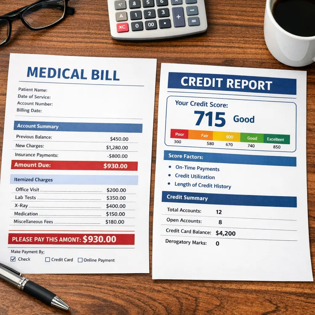 A person reviewing a medical bill and credit report side by side at a desk