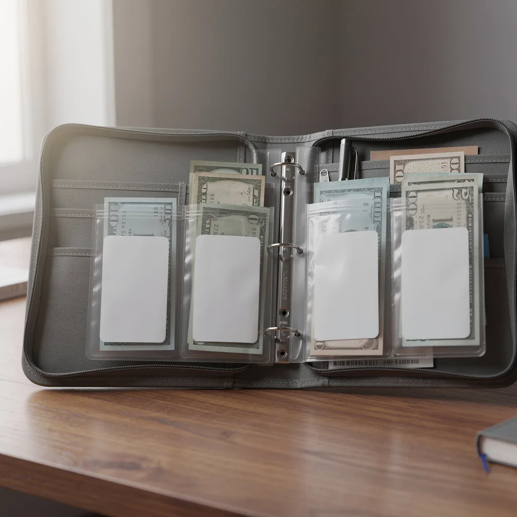 Six labeled budget envelopes organized in a binder with cash inside each for different monthly spending categories