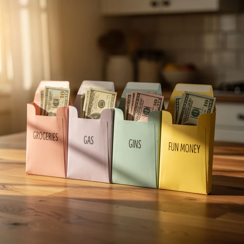 Labeled cash envelopes for groceries, gas, dining, and fun money laid out on a table with cash being placed inside