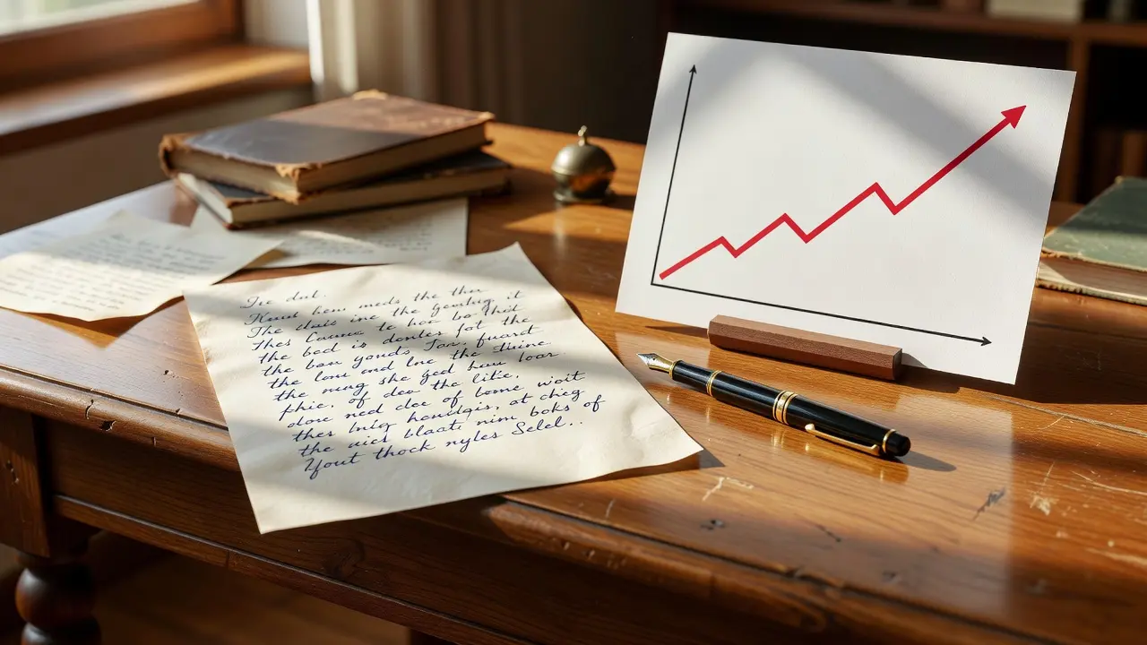 A handwritten goodwill letter and pen on a desk beside a rising credit score chart, representing requesting a late payment removal