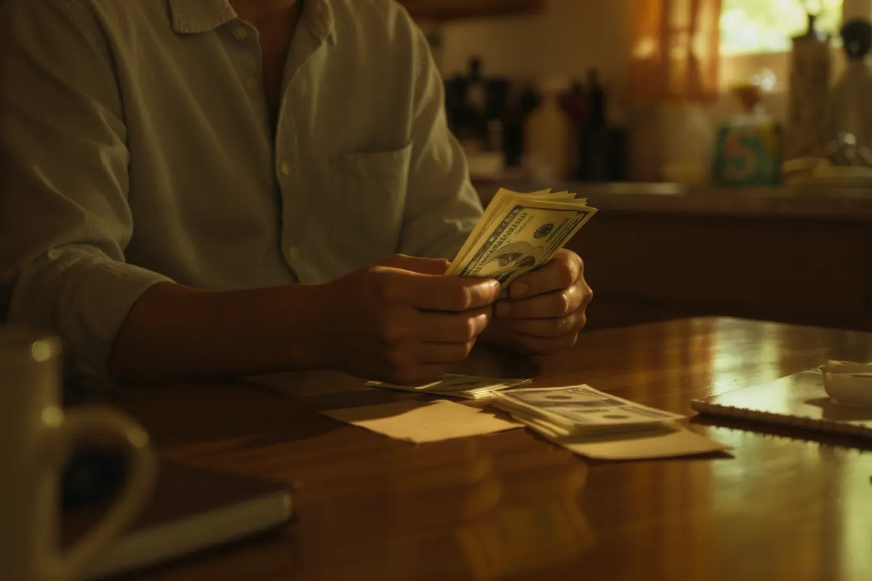 A person calmly counting cash before a bank deposit at a kitchen table