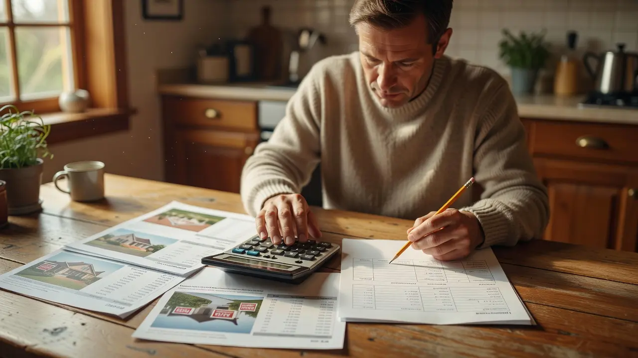 Person at a kitchen table with a calculator, house listings, and a budget worksheet figuring out how much house they can afford