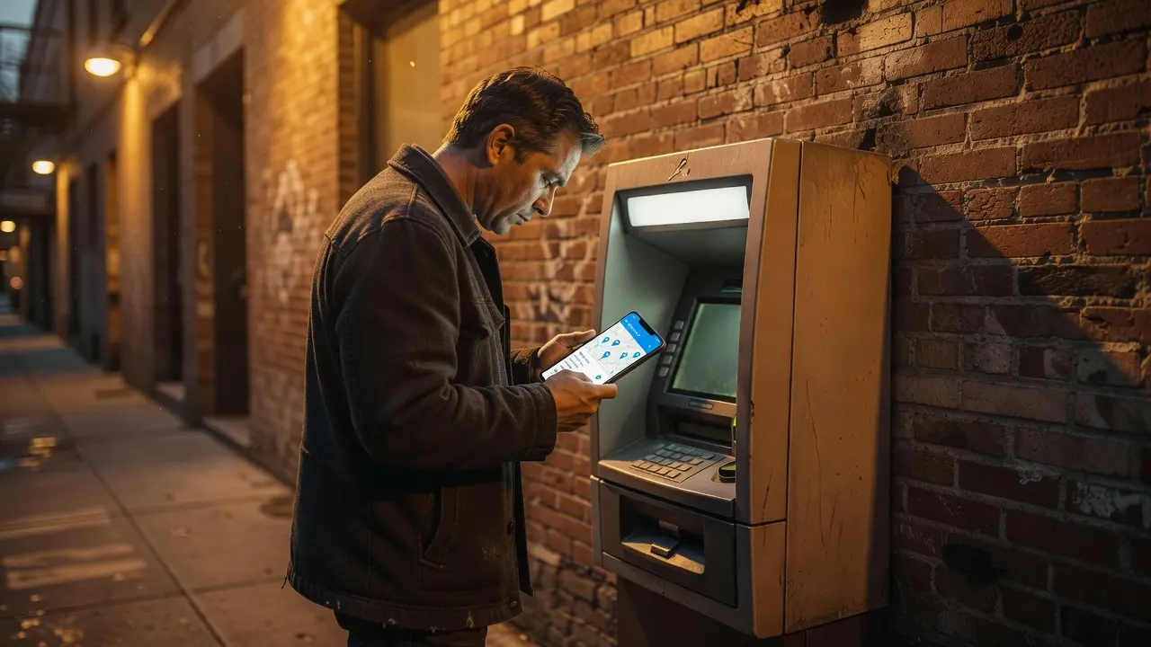 A person at an ATM checking their phone banking app to find a fee-free machine