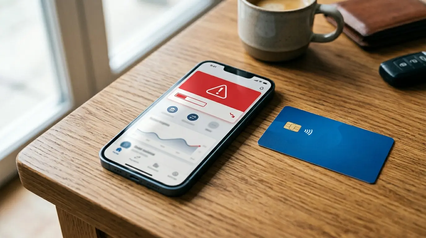 A smartphone showing a low-balance banking alert next to a debit card, representing ways to avoid overdraft fees