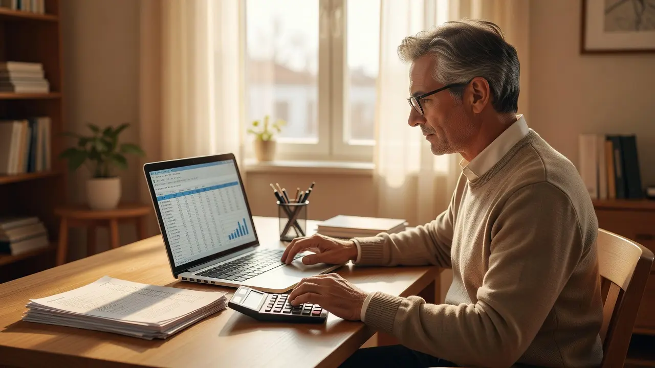 A bookkeeper working from home at a laptop with financial spreadsheets and a calculator