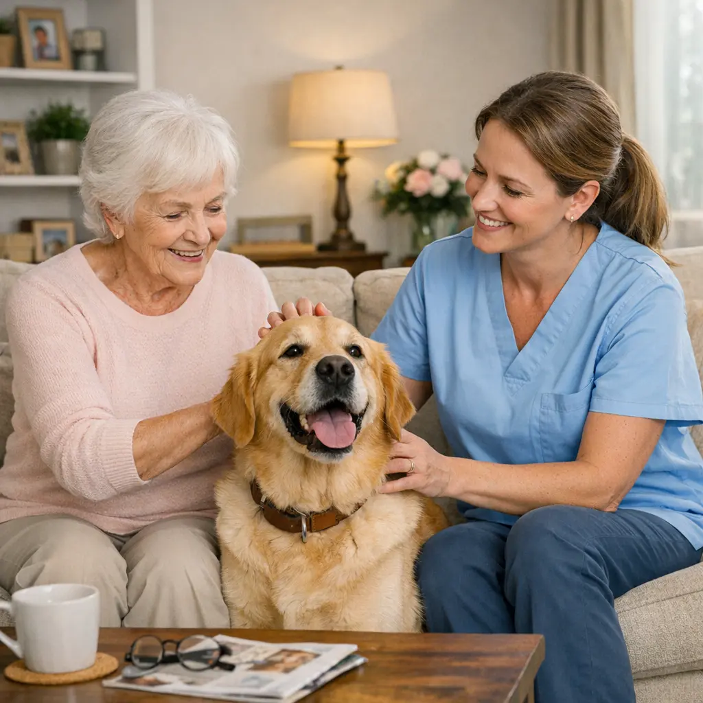 A house sitter relaxing in a client's living room with a dog, watering can nearby