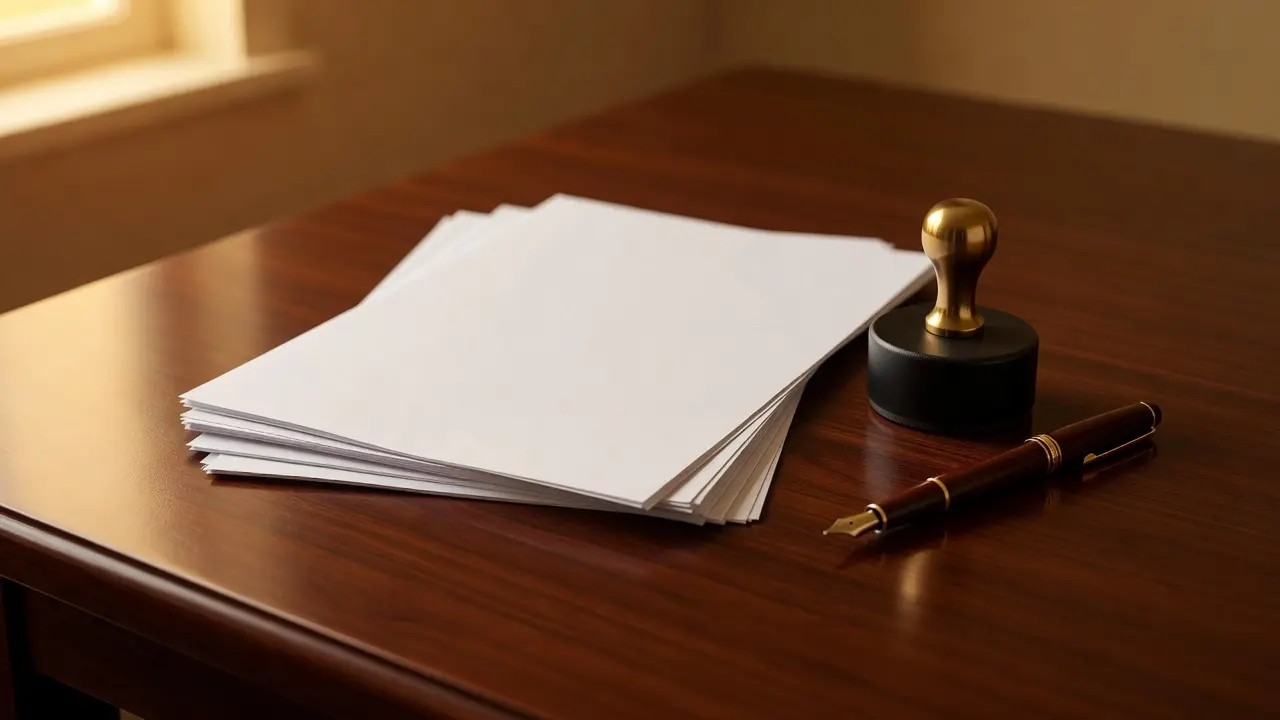 A notary signing agent presenting loan documents and a notary stamp at a signing appointment