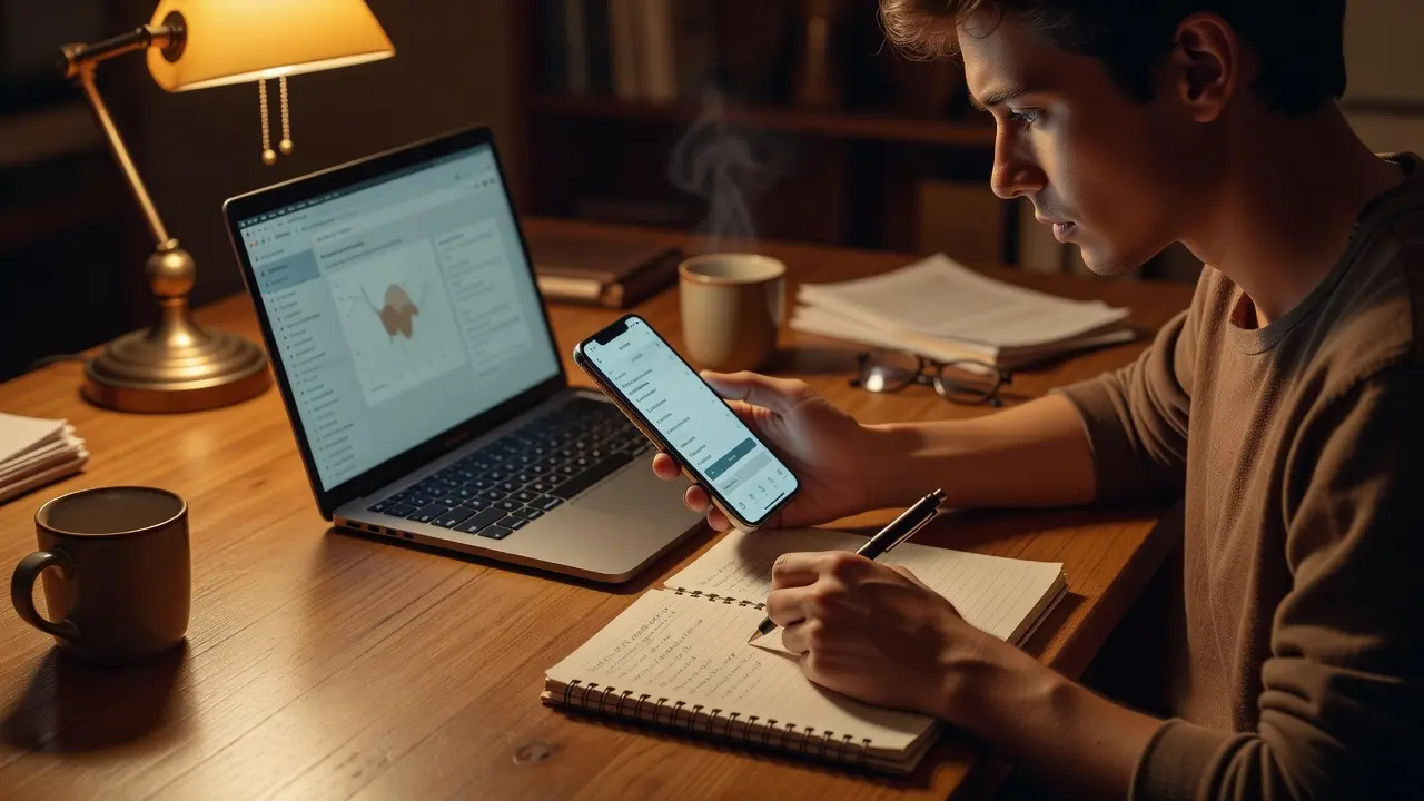 A person testing a new app on a smartphone and laptop while taking notes