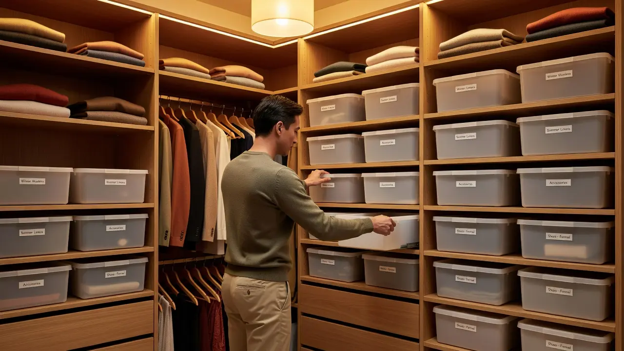 A person organizing a neatly arranged closet with labeled storage bins