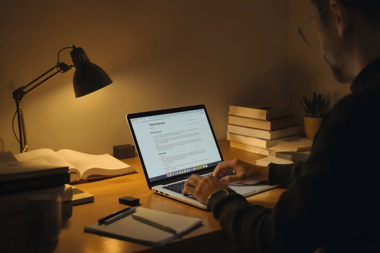 A person working on a translation document at a laptop with reference materials nearby