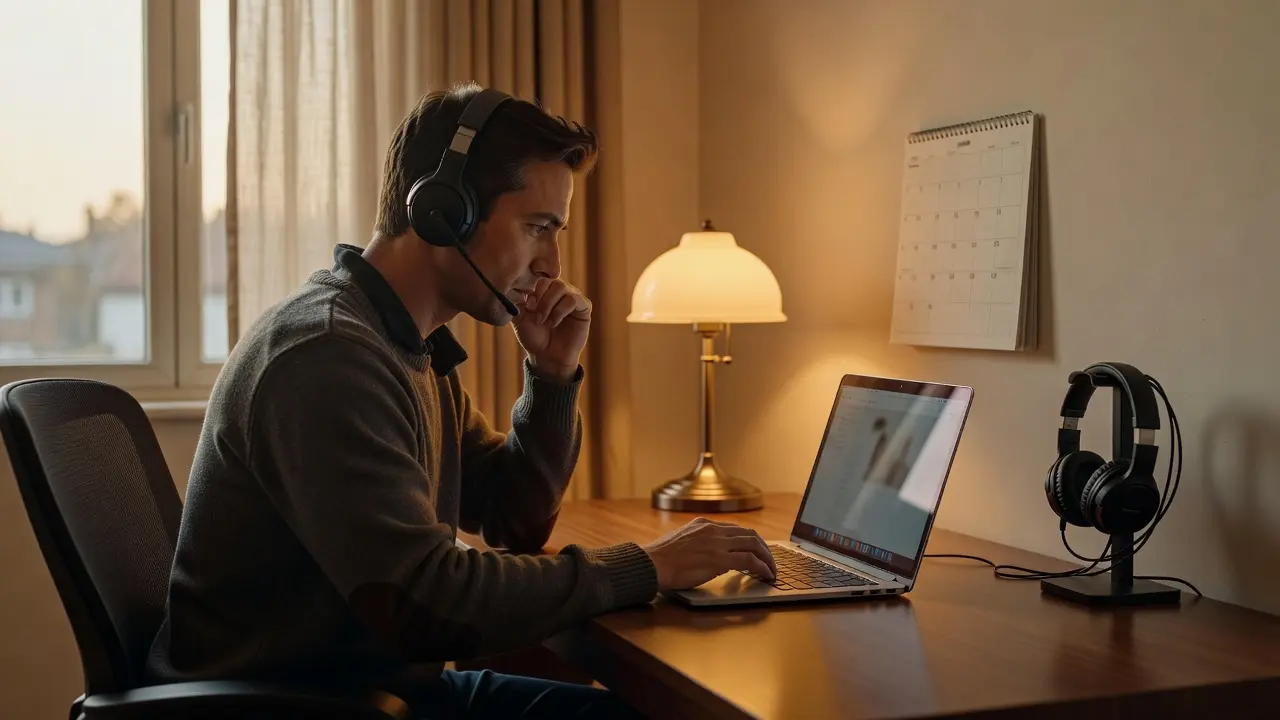 A person working as a virtual assistant at a home desk with a laptop, calendar, and headset, managing tasks remotely