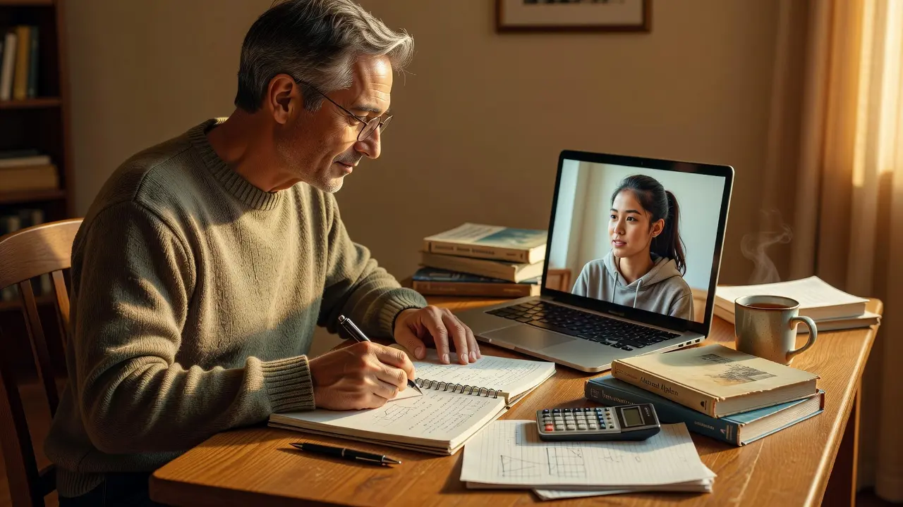A person tutoring a student remotely via video call with a notebook and materials visible