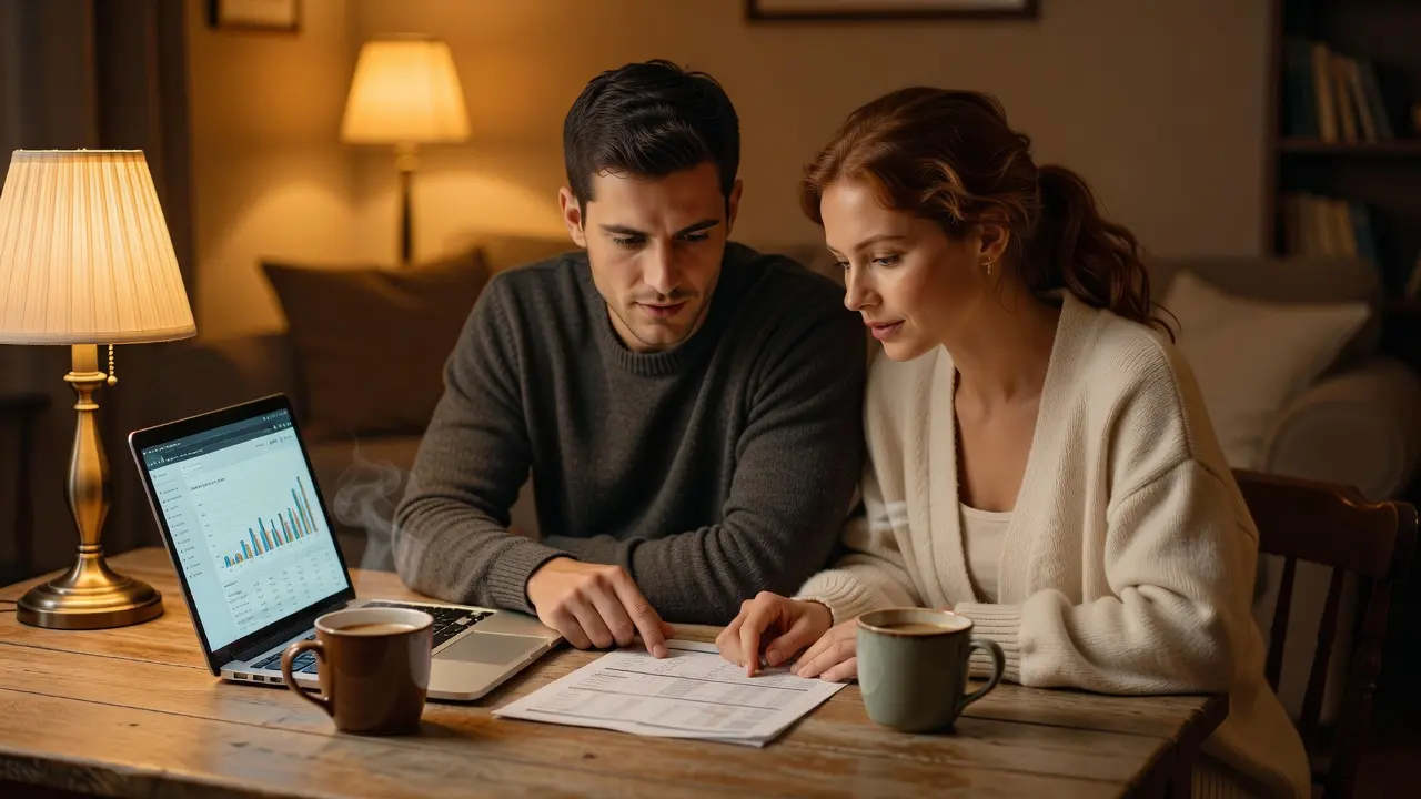 A couple reviewing their budget together at a table with a laptop and coffee, planning shared finances