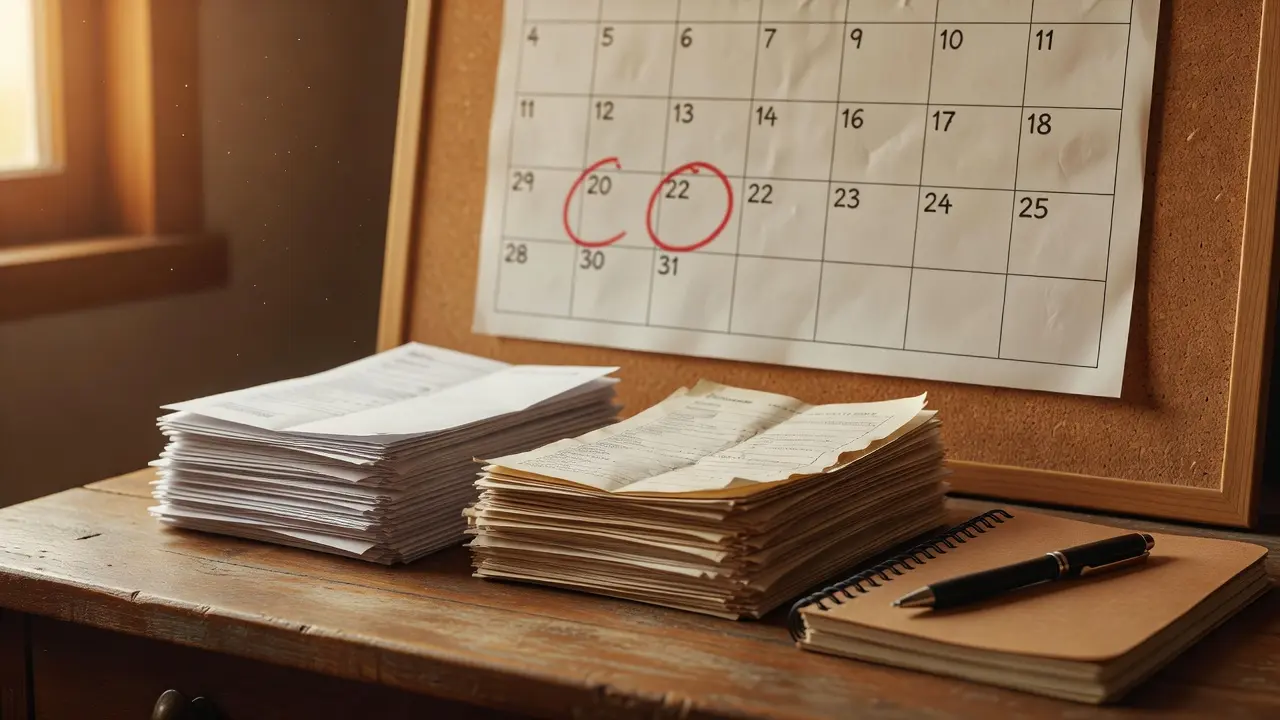 A calendar with two paydays marked and bills split between them for biweekly budgeting
