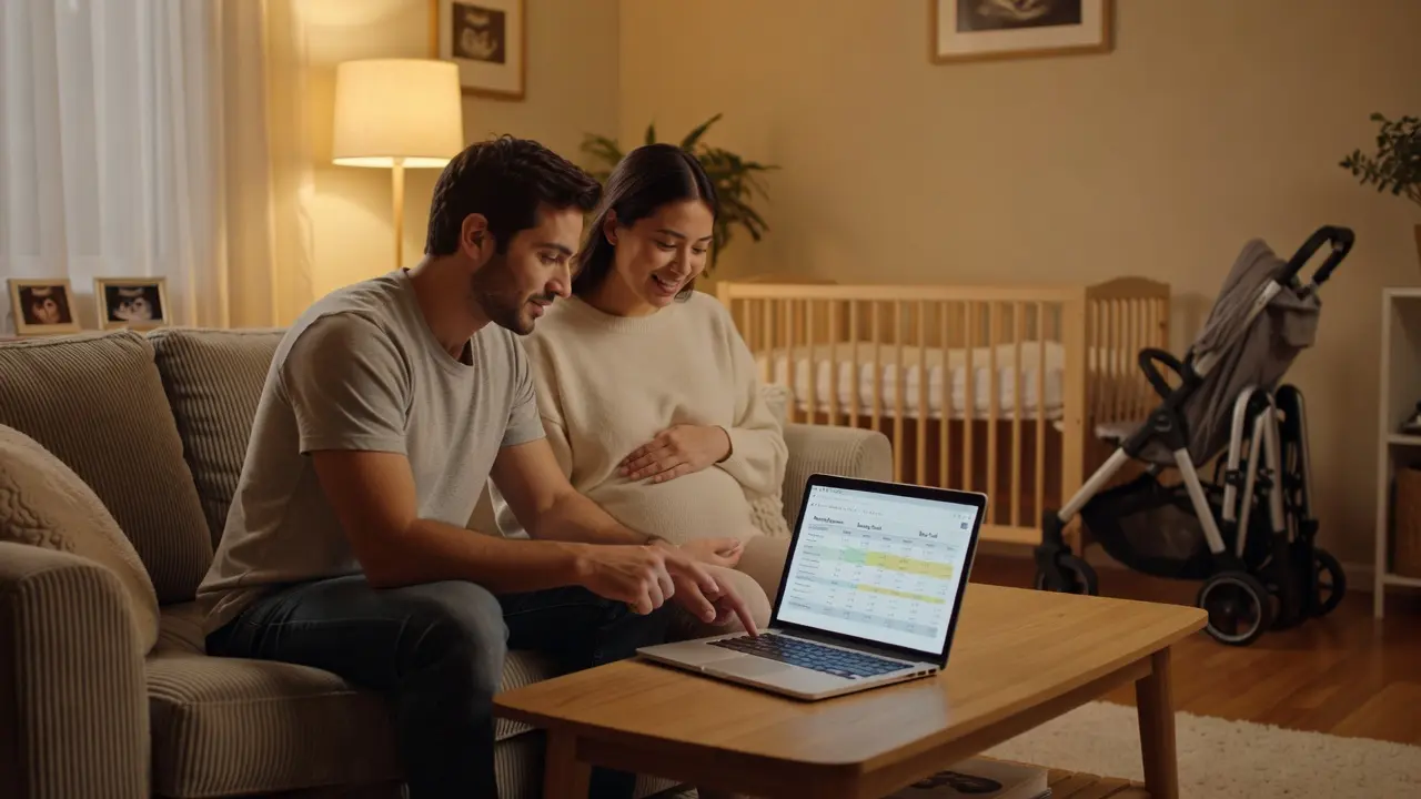 Expecting parents reviewing a budget spreadsheet next to baby gear and a crib