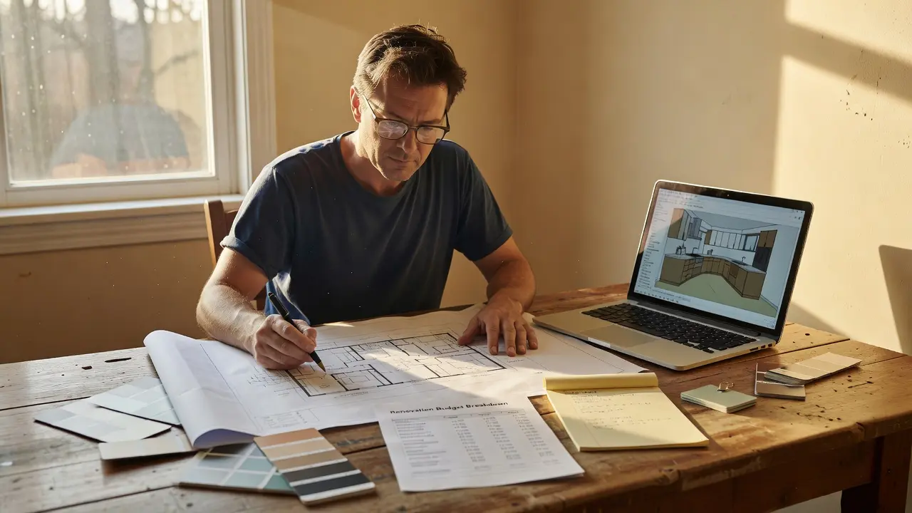 A person reviewing renovation plans and cost estimates at a table with a laptop and notebook
