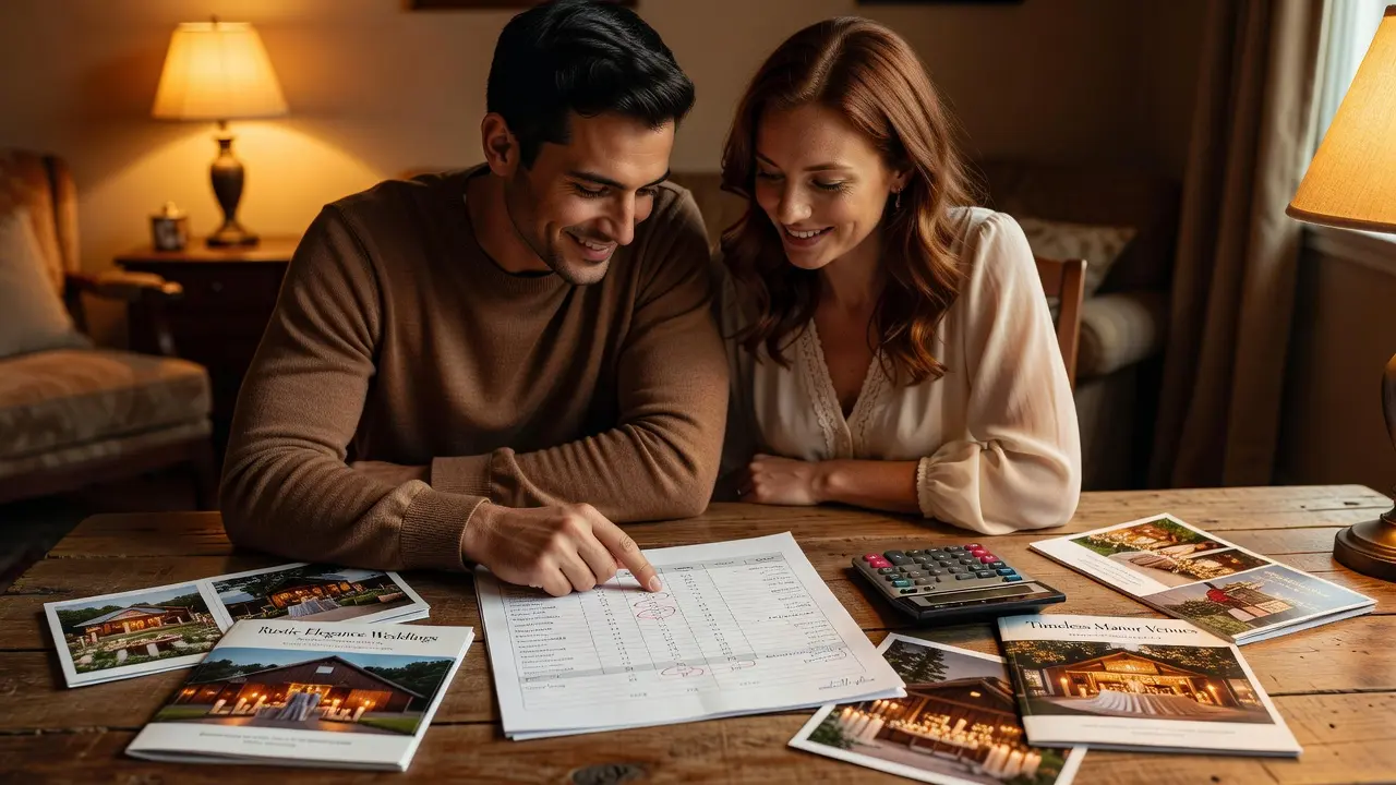 A couple reviewing a wedding budget spreadsheet with a calculator and venue brochures