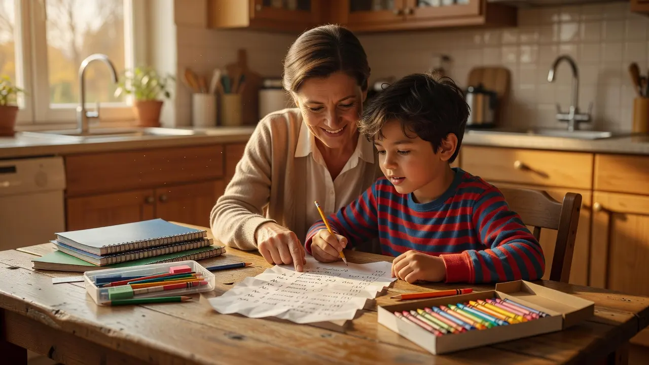 A parent and child reviewing a school supply list at a table before shopping
