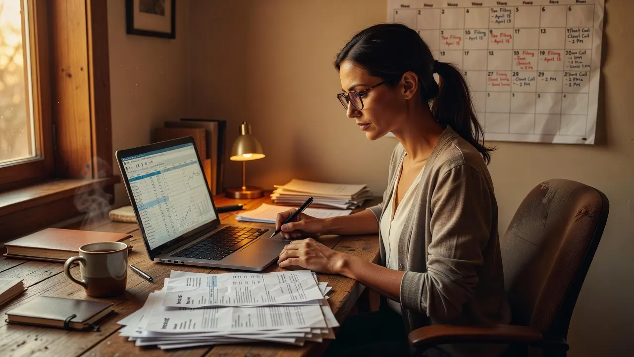 A freelancer reviewing invoices and tax calculations at a laptop with a calendar nearby