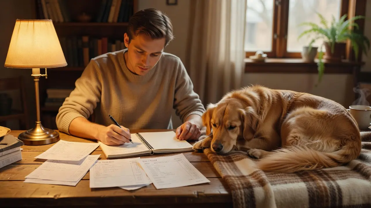 A person reviewing pet care costs and a budget notebook with a dog resting nearby
