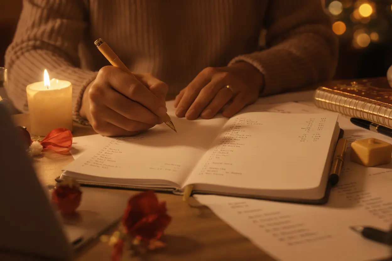 A person planning a holiday gift budget with a notebook and gift list at a table