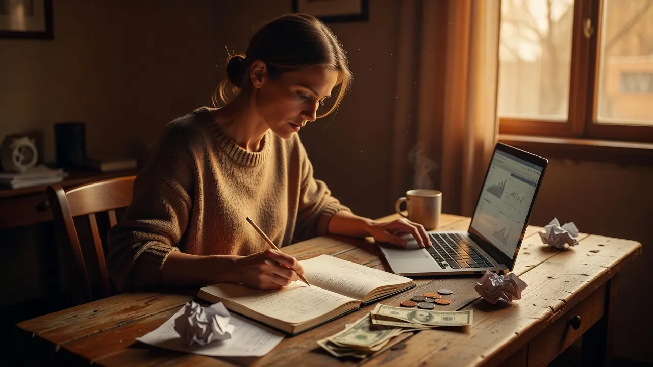 A freelancer reviewing finances with a laptop and notebook, planning a budget around variable monthly income