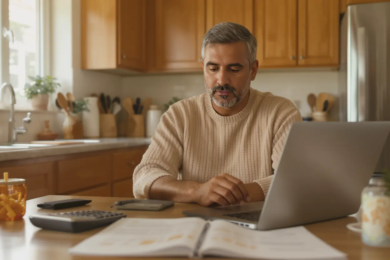 A parent reviewing a household budget with a laptop and calculator at a kitchen table