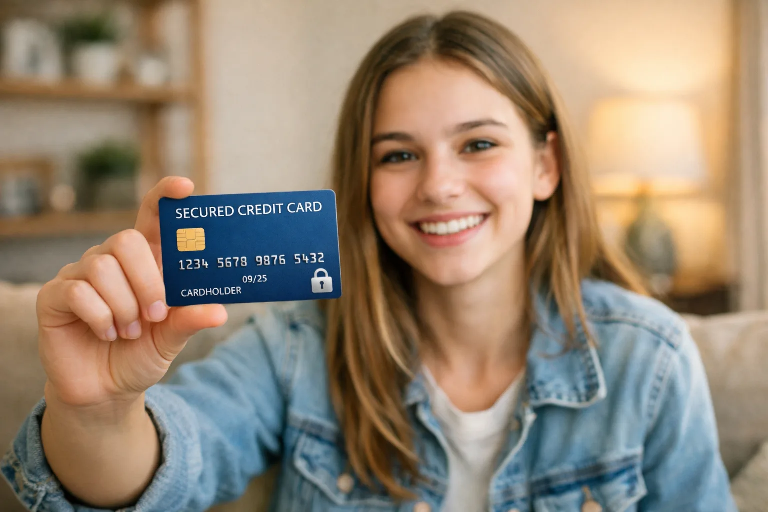 Young person holding a secured credit card for the first time, smiling at camera in home setting
