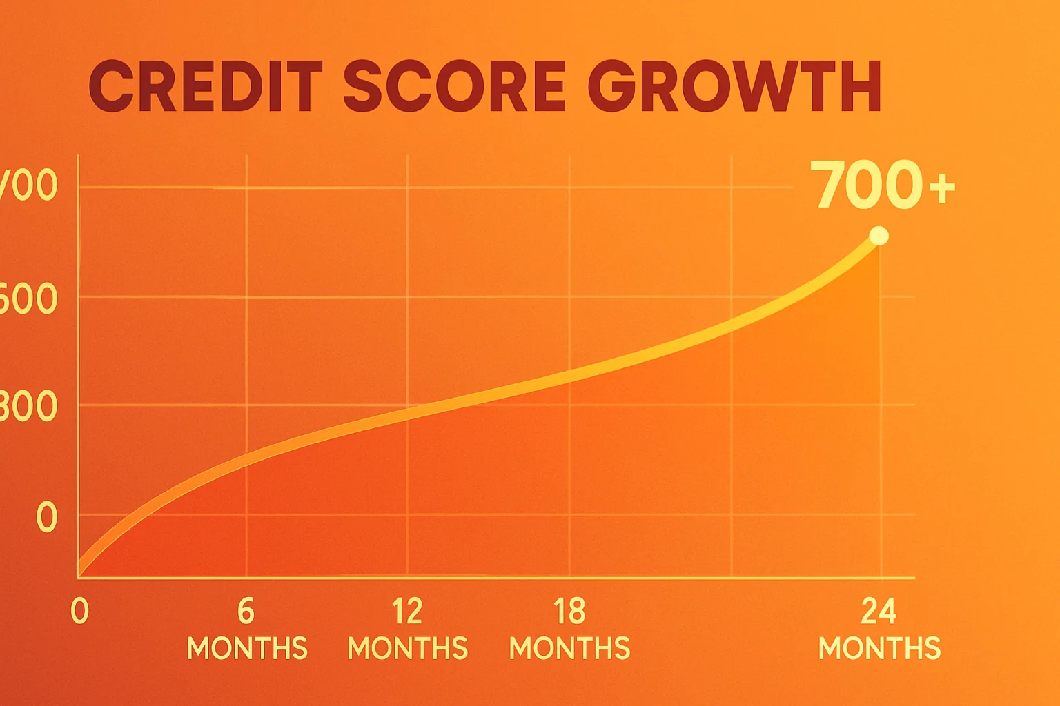 Timeline chart showing credit score growth from 0 to 700 plus over 12 to 24 months using secured card and credit builder loan