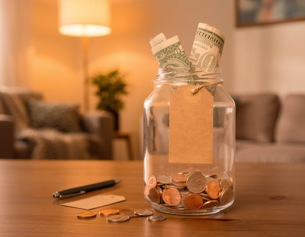 Glass jar labeled Emergency Fund filling up with coins and dollar bills on a wooden table