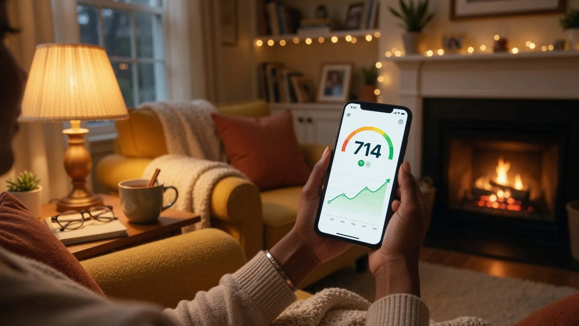 Person checking credit score for free on smartphone app showing score of 714 with upward trend graph