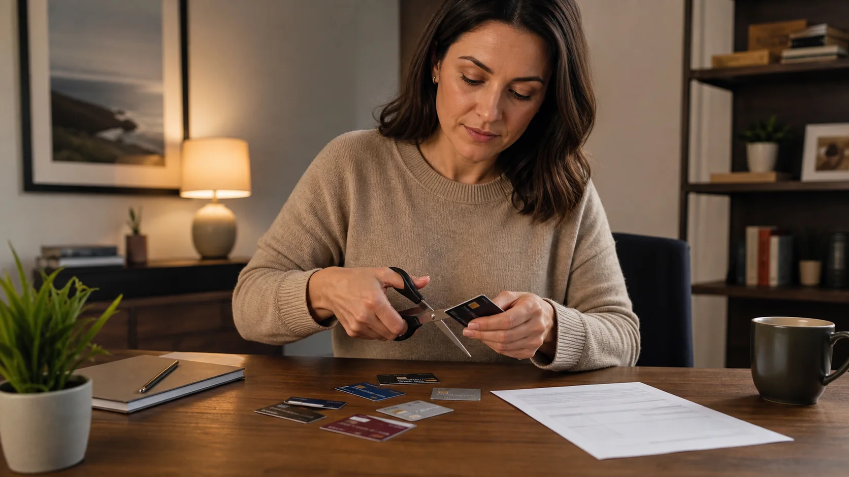 Person cutting up multiple credit cards on a desk with a single consolidated payment plan document visible