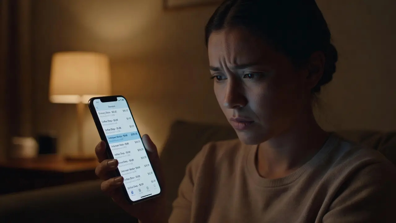 A person reviewing bank statement transactions on a phone, spotting an unfamiliar charge