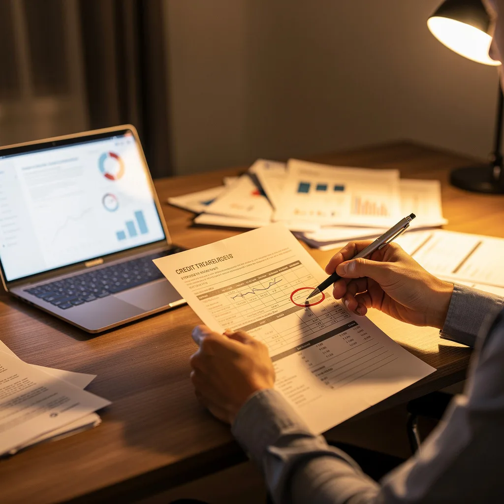 Person reviewing a printed credit report at a desk circling an error with a pen next to a laptop and documents