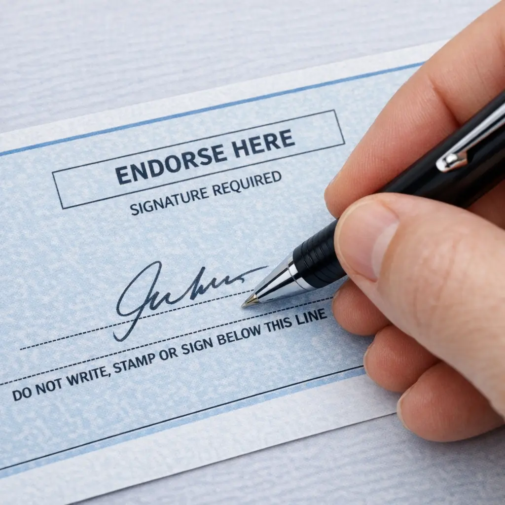 A hand signing the back of a check in the endorsement area with a pen