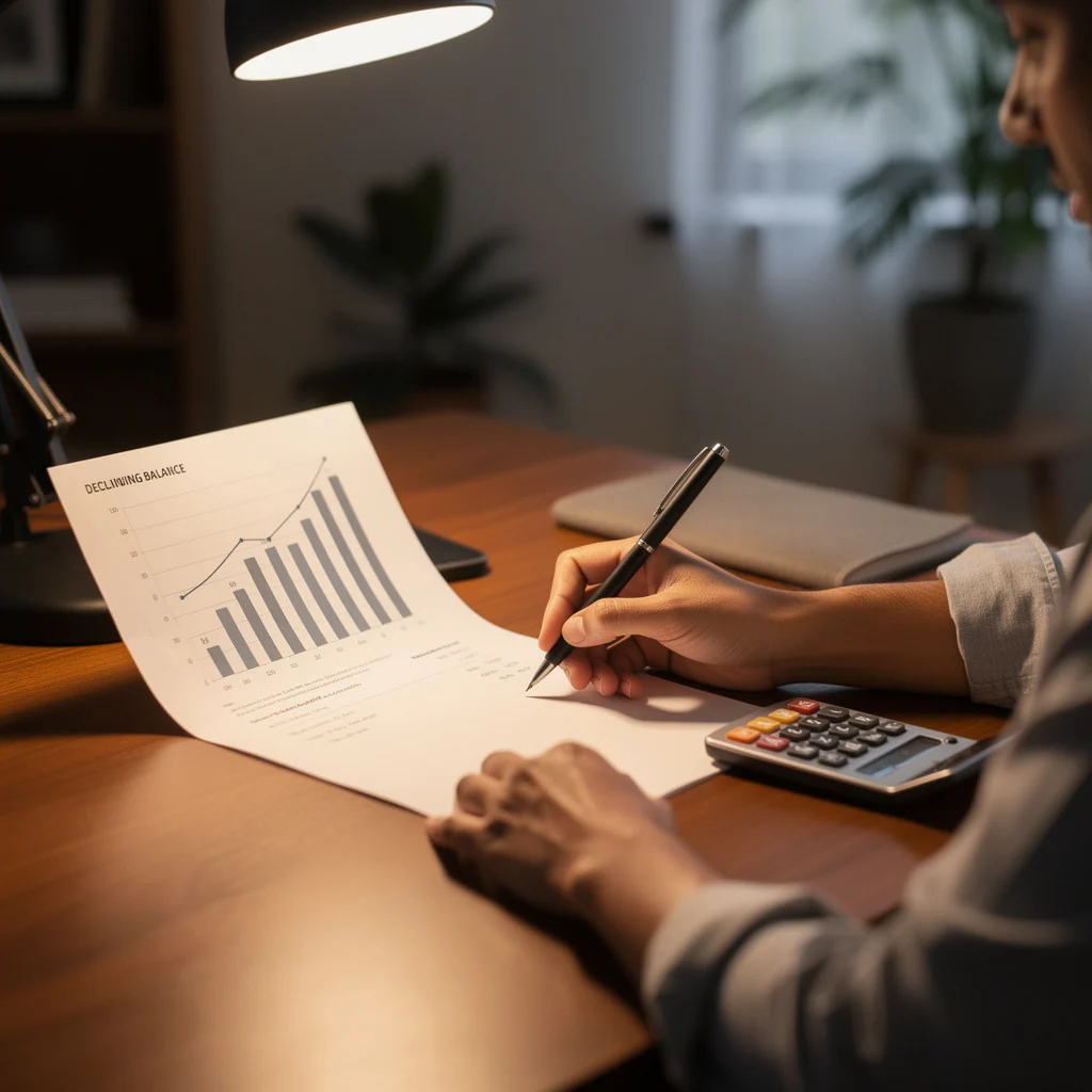 Person writing a debt payoff plan on paper with calculator showing declining balances month by month