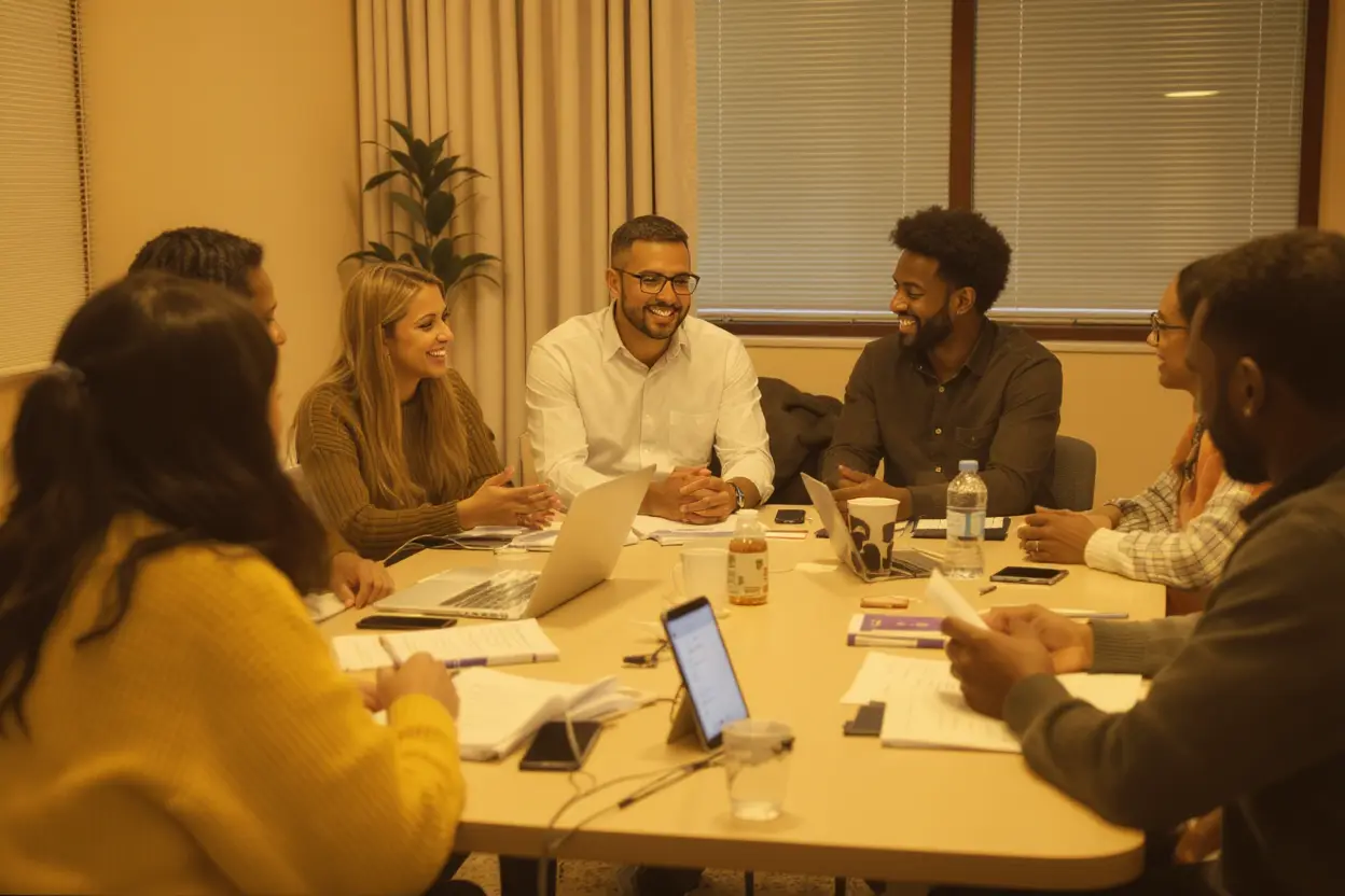 A small group of people in a discussion around a table during a market research focus group