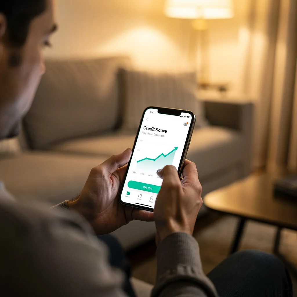 Person reviewing credit score on phone showing upward trend after paying down credit card balances below 10 percent utilization