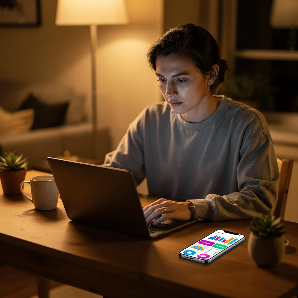 Person working on laptop at home desk with phone showing earnings from multiple income streams including freelancing and delivery apps