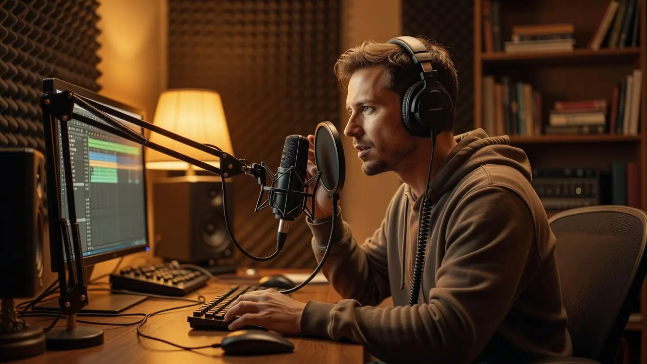 A person recording voice over work at a home setup with a microphone and headphones