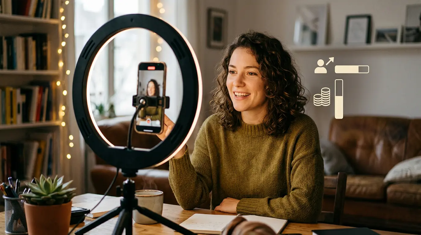 Creator filming a TikTok video on a smartphone with a ring light, showing follower count and earnings on screen