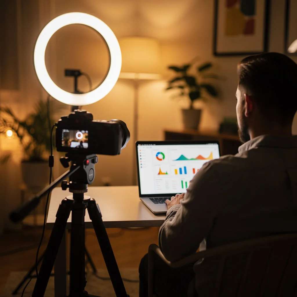 Content creator recording a video at a home setup with camera, ring light, and laptop showing YouTube analytics dashboard